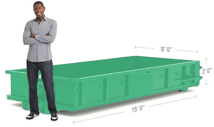 A 10 yard roll off dumpster shown with a person for scale