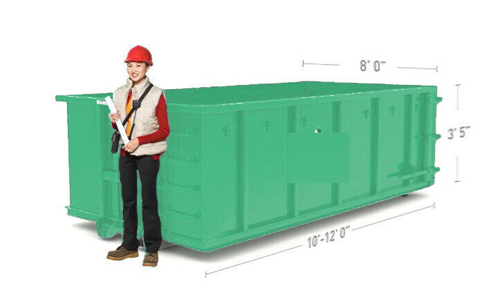 A 12 yard roll off dumpster shown with a person for scale