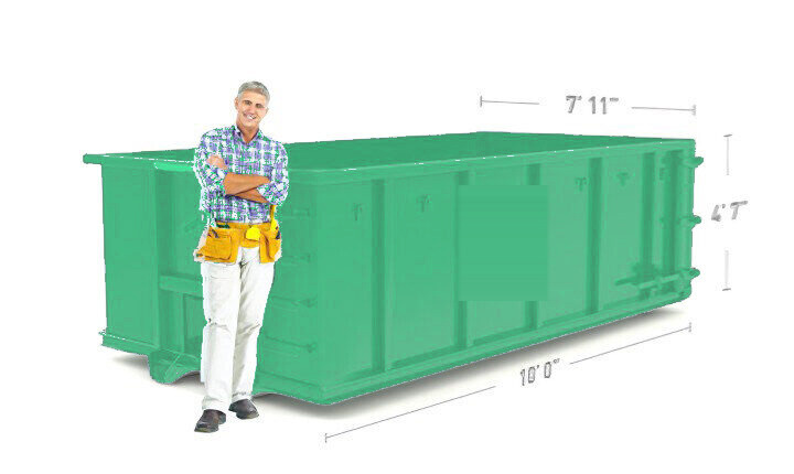 A 15 yard roll off dumpster shown with a person for scale
