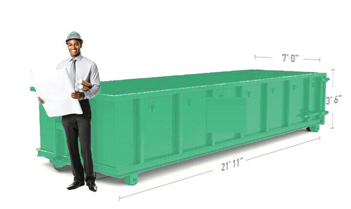 A 20 yard roll off container shown with a person for scale