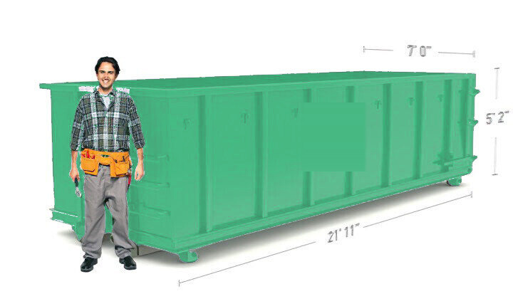 A 30 yard roll off dumpster shown with a person for scale