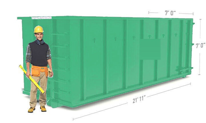 A 40 yard roll off dumpster shown with a person for scale