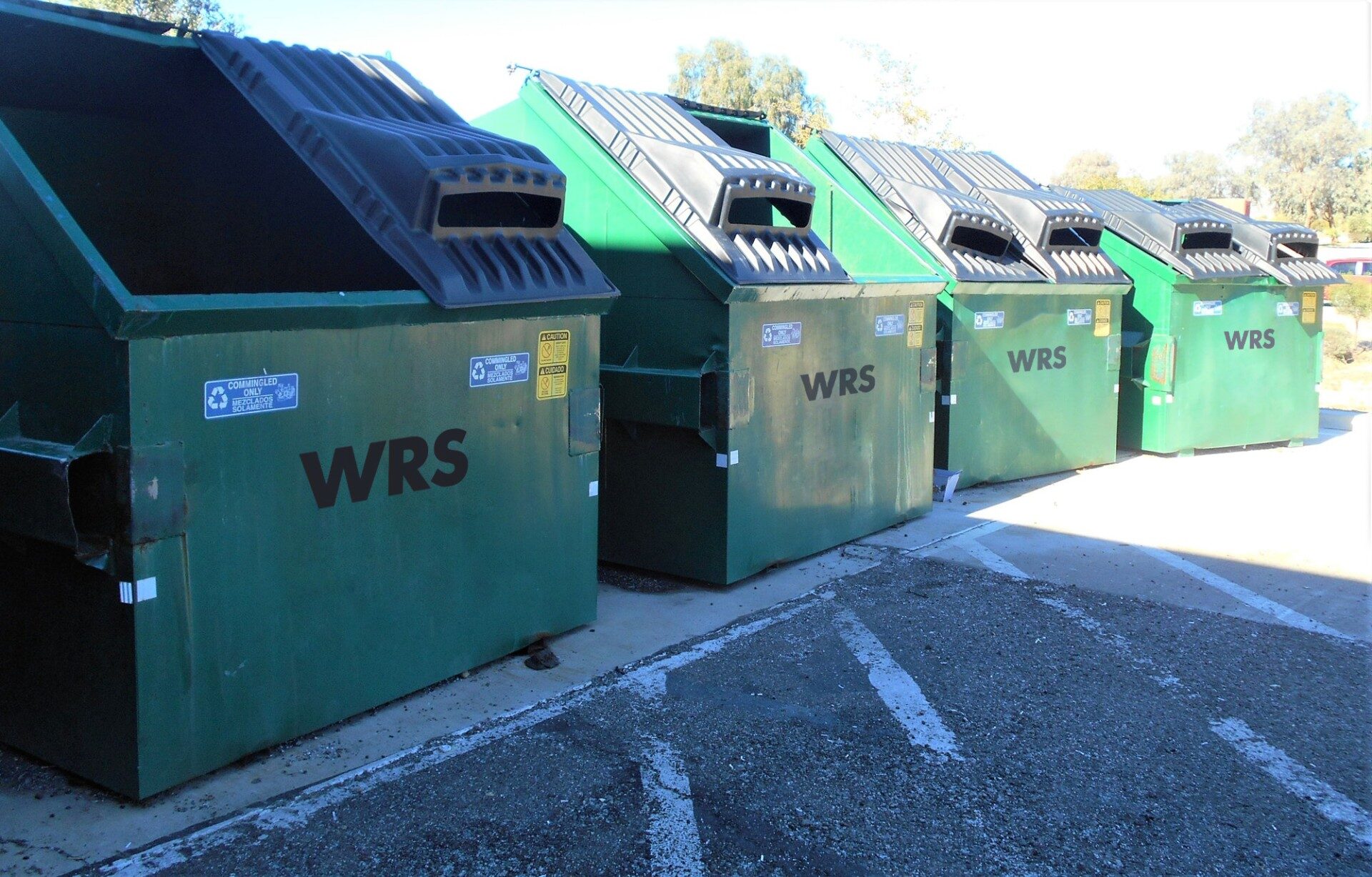 A row of front load containers at a commercial site